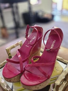 Prada Hot Pink Patent Leather Cork Wedge Sandals